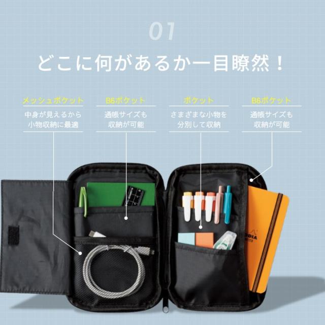 どこに何があるか一目瞭然 B6対応ポケットとメッシュポケットで仕分け簡単 rm36735