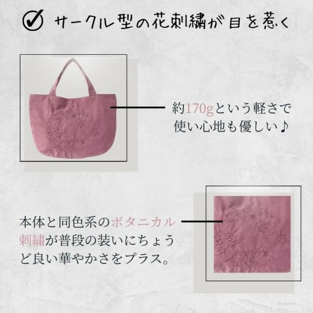ボタニカル刺繍のアップとバッグの軽量説明