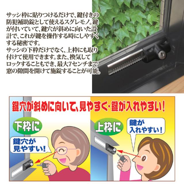 引き戸・サッシ用補助錠 鍵付スライドロック ２個入 N-3085