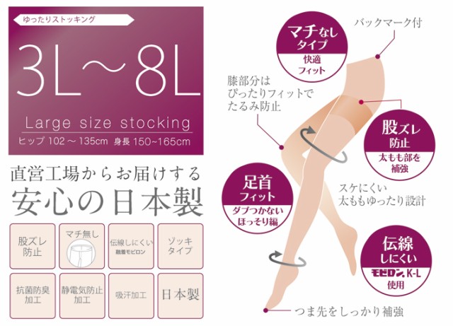 【工場直営】【大きいサイズ】日本製ゆったりパンスト3L 4L 5L 6L 7L 8L 【ストッキング】piedo FreeFit（フリーフィット）