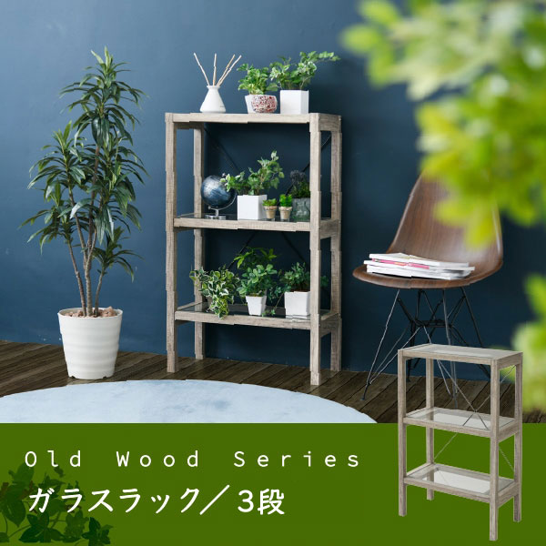 ボタニカル フラワースタンド3段 幅60.5cm ガラス シャビー ラック 古木風 インテリア 観賞植物飾り棚 FAW-0002-JK