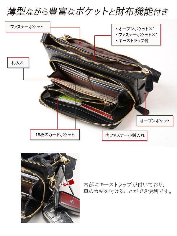 薄型ながら豊富なポケットと財布機能付き