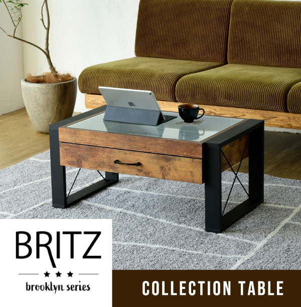 センターテーブル 幅75.5cm ガラス机 ローテーブル 引出し ブルックリンスタイル ビンテージ風 FBR-0005-JK