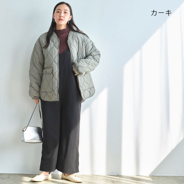 ノーカラーひょうたんキルティングコートジャケット カジュアルコーデ