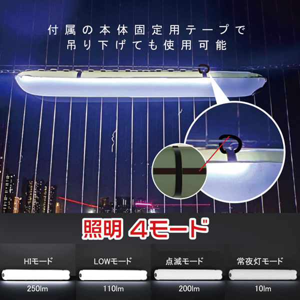 付属の本体固定用テープで吊り下げて使用可能