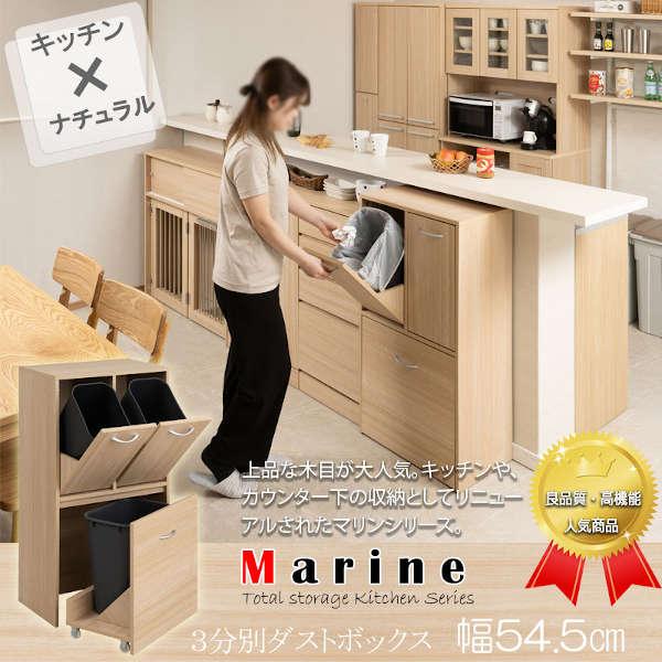 3分別ダストボックス 幅54.5cm MARINE マリンシリーズ 水洗いOKペール付 ゴミ箱 FY-0169-NS