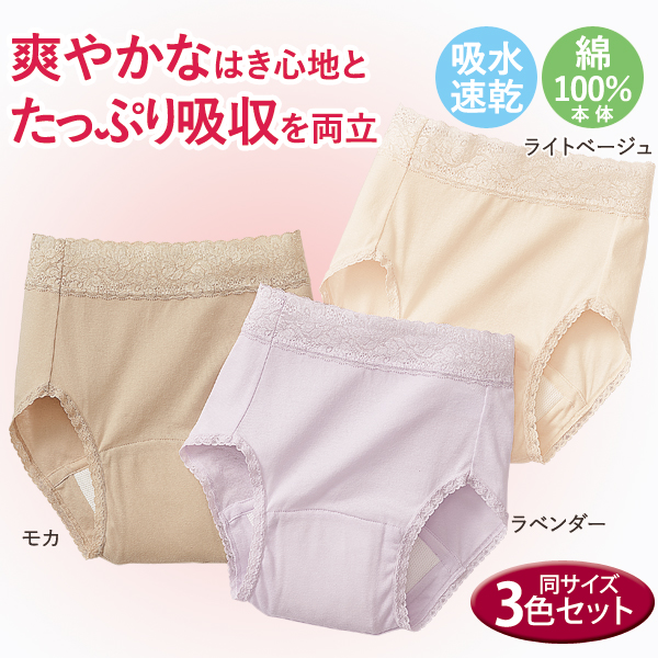 爽やかたっぷり吸収ショーツ 同サイズ3色組 吸収量約100cc M・L・LL 吸水速乾 レディース 961814