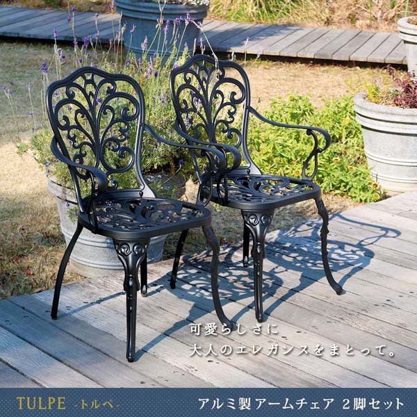 アルミ製 アームチェア 2脚セット トルペ ガーデン家具 マットブラック BKS-C5289-2P