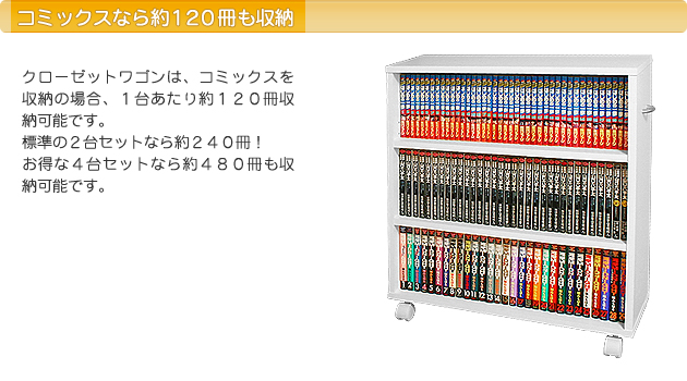 特徴1:クローゼットワゴンは、コミックスを収納の場合、1台あたり約120冊収納可能です。標準の2台セットなら約240冊!お得な4台セットなら約480冊も収納可能です。