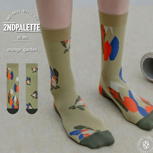 2nd PALETTE セカンドパレット オレンジ ガーデン アシンメトリー クルーソックス オーガニックコットン レディース 靴下 moc004
