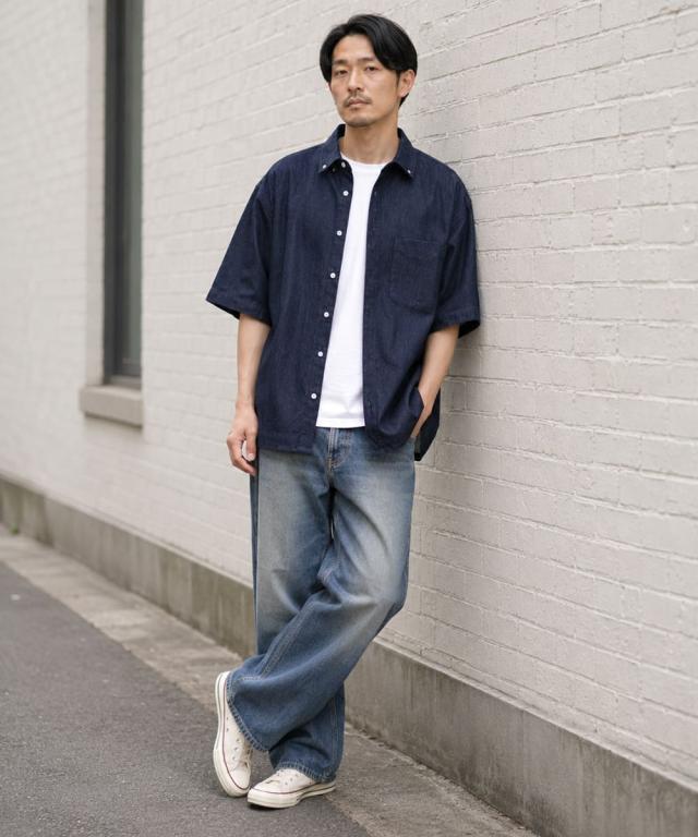 Audience デニム半袖シャツ ダークインディゴ Mサイズ着用モデル(身長173cm)