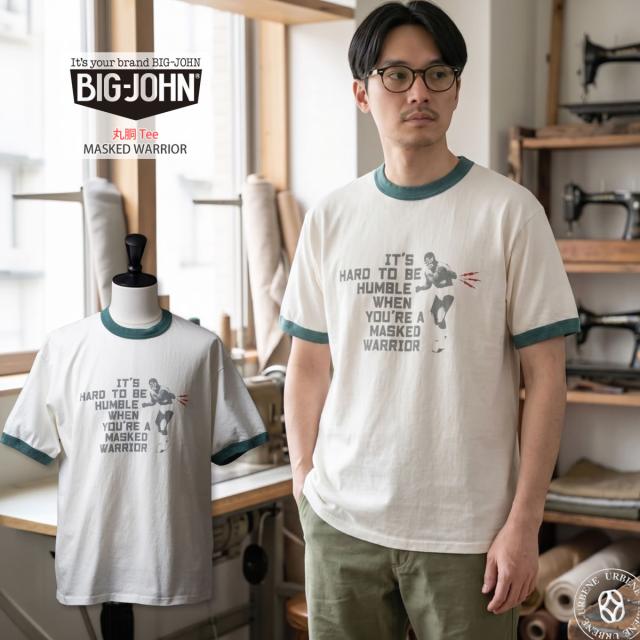 BIG JOHN リンガーTシャツ MTE017 MASKED WARRIOR フロントデザインと全体のシルエット