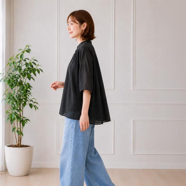 Brocante シスフロンセシャツ ブラック 19-9 レディース インド綿ボイル 透け感 ギャザー入り半袖シャツ