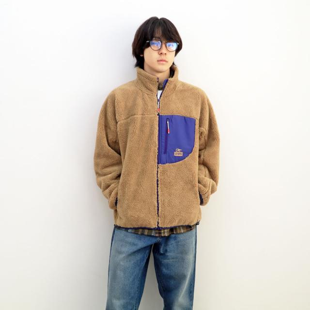 CHUMS フリーススタンドカラージャケット Beige/Purple Lサイズ 着用画像 モデル身長157cm