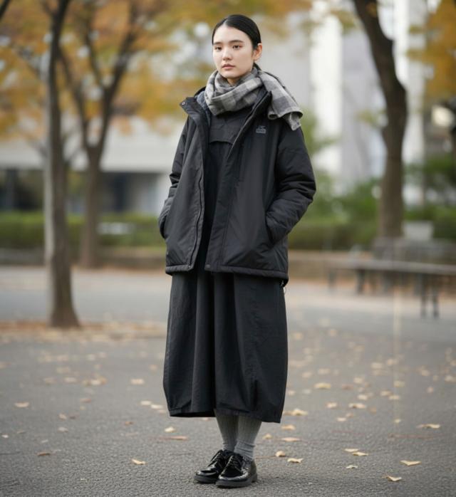 CHUMS ゴアテックスパーカー レディース着用 ブラック アウターコーデ 屋外