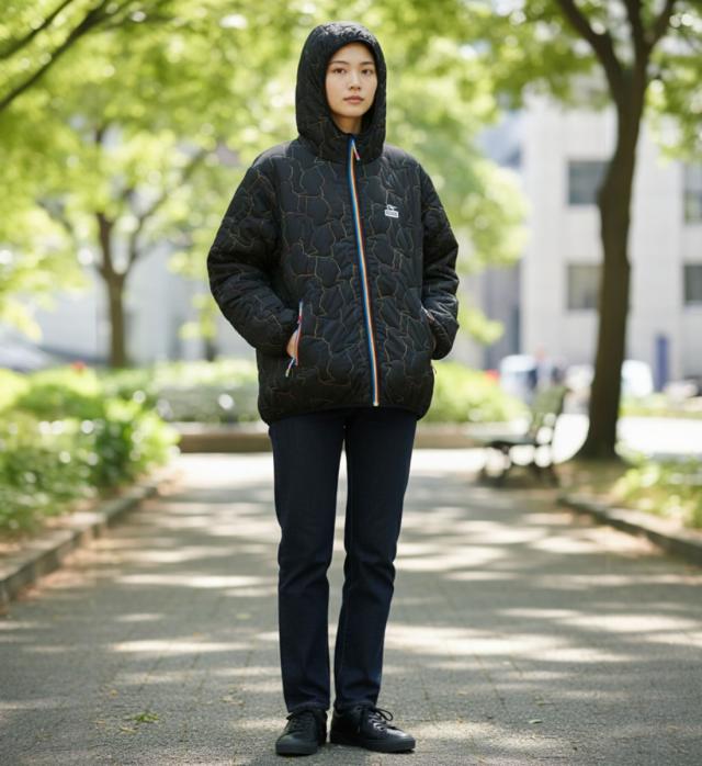 CHUMS パデッドパーカー レディース フード着用 屋外 全身コーデ ブラック