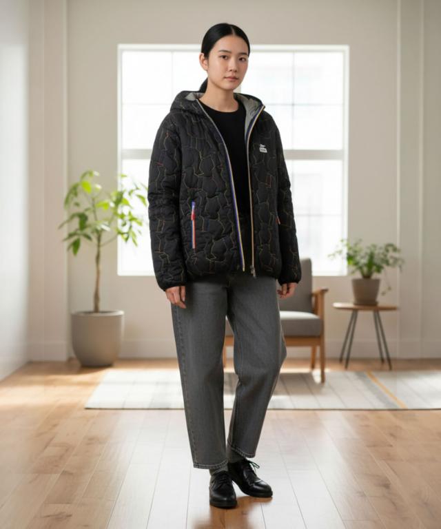 CHUMS レディース着用 ブービーステッチパデッドパーカー 室内コーデ ブラック