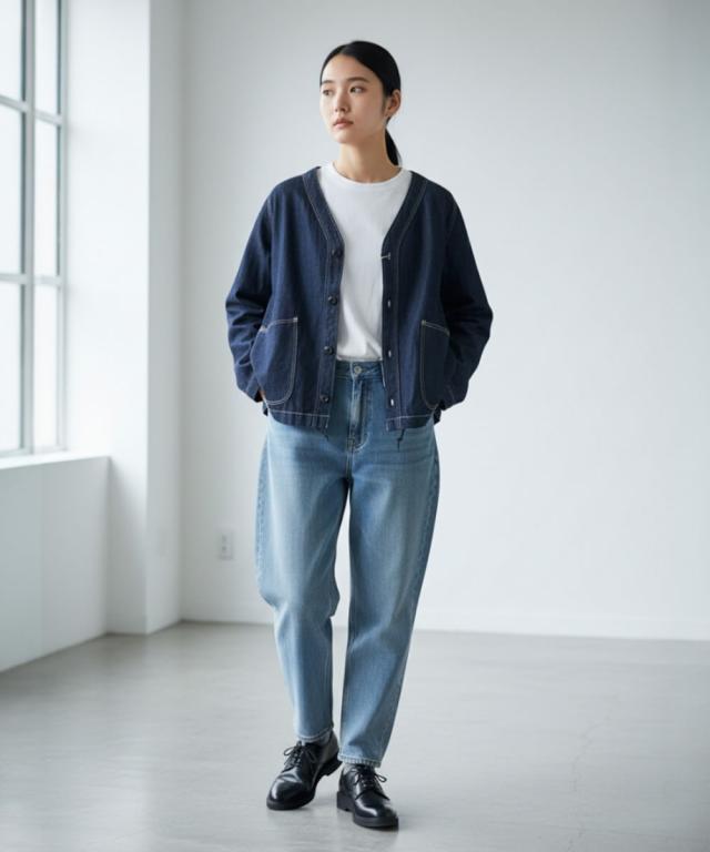 DMG ドミンゴ デニムカーディガン レディース 着用イメージ Mサイズ