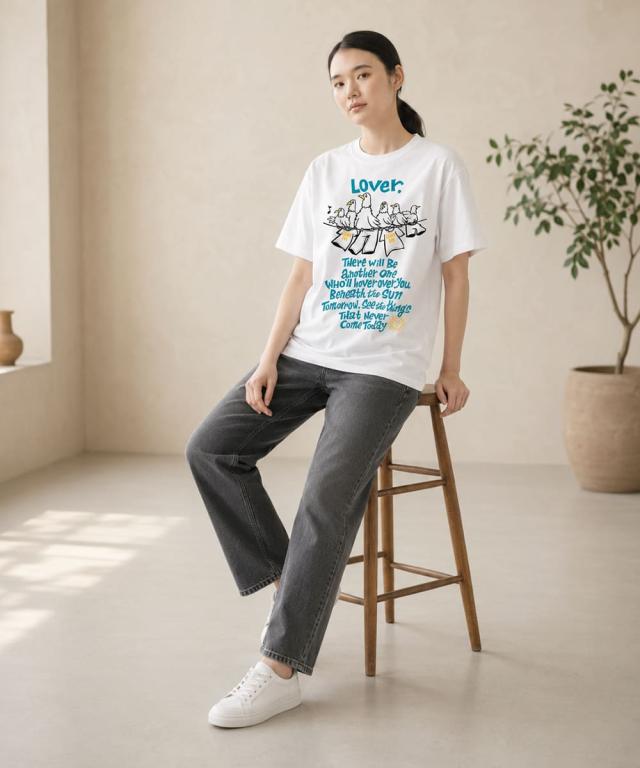 GOOD ON スリーバードショートスリーブTシャツ ホワイト モデル着用画像(身長158cm Mサイズ)