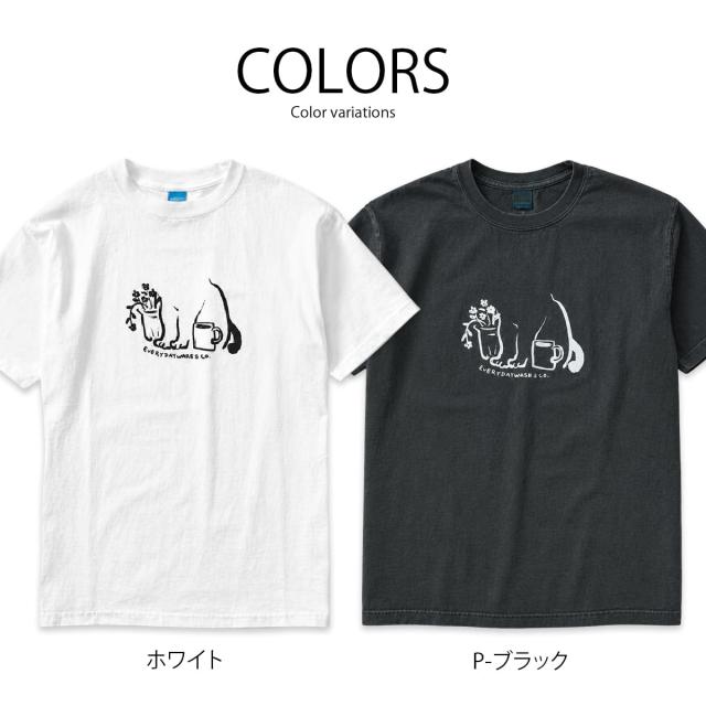 GOOD ON デいリーウィズキャットTシャツのカラーバリエーション(ホワイト、ブラックなど)の商品平置きイメージ。