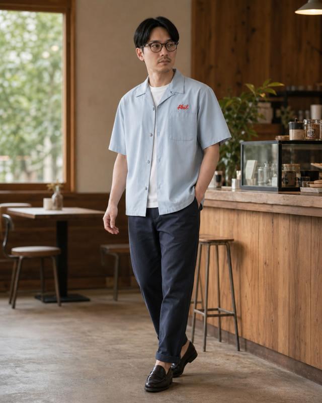 HOUSTON ボーリングシャツ PARATROOPER 胸元パラシュート＆ボウリングピン刺繍詳細