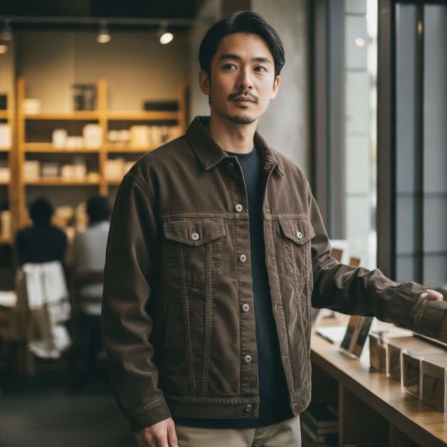 ジョンブル コーデュロイGジャケット メンズ着用 ブラウン 店内コーデ