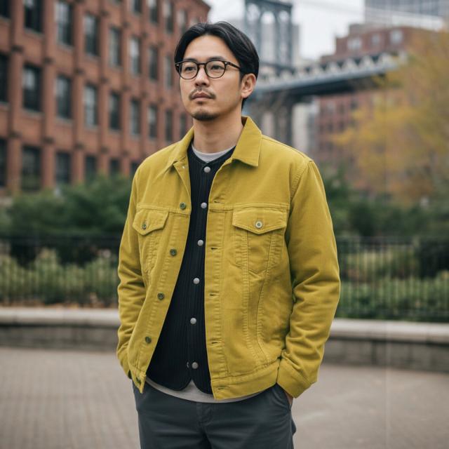 ジョンブル コーデュロイGジャケット メンズ着用 マスタード 屋外イメージ