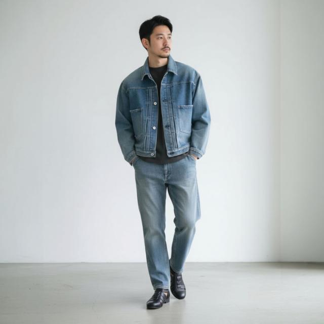 ジョンブル デニムジャケット JM243L03 メンズ 着こなし提案 デニムオンデニム コーデ例