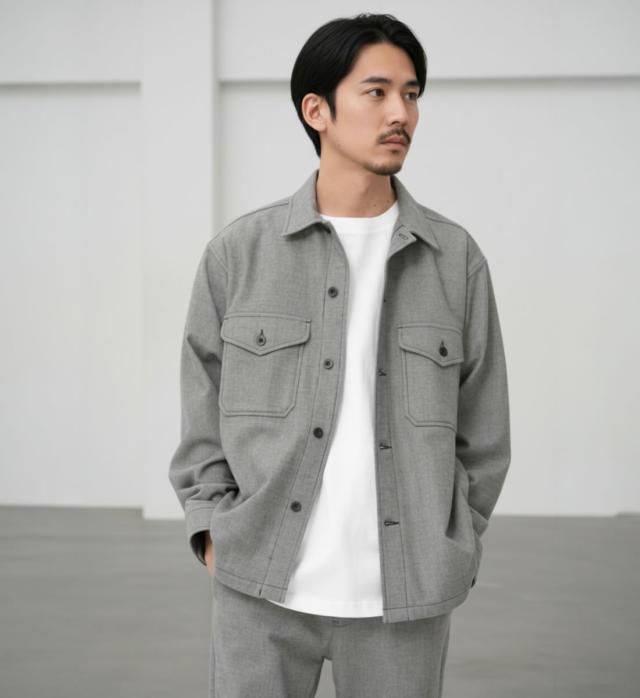 ジョンブル PressWarm CPOシャツ グレー メンズ シンプル背景 着用