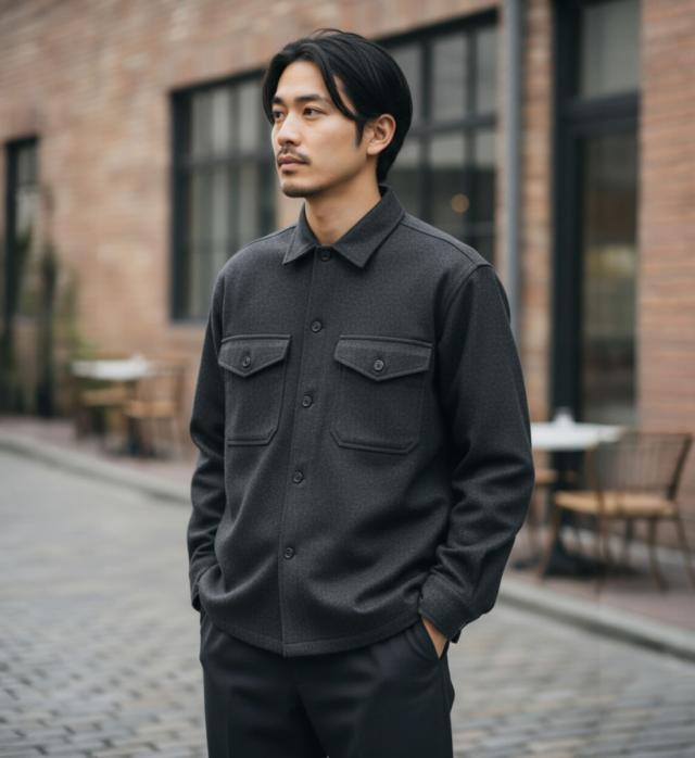 ジョンブル PressWarm CPOシャツ ブラック メンズ 街中着用アップ