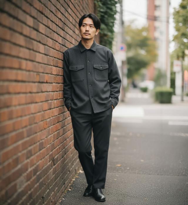 ジョンブル PressWarm CPOシャツ ブラック メンズ 全身コーデ