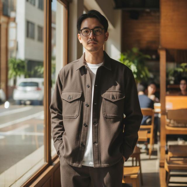 ジョンブル PressWarm CPOシャツ ブラウン 店内 メンズ着用