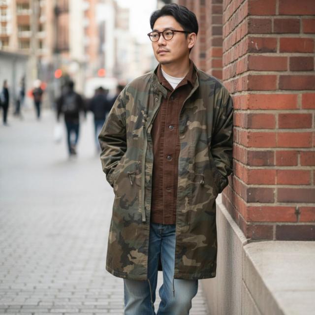 身長173cm 男性モデル着用例 JOHNBULL ジョンブル M-65 ショートモッズコート オリーブ Sサイズ コーディネート