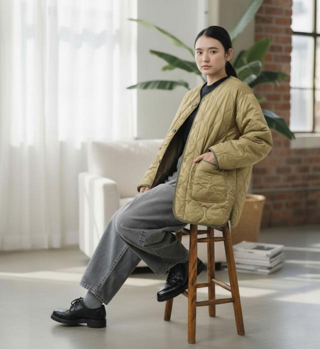 身長163cm 女性モデル着用例 JOHNBULL ジョンブル M-65 ショートモッズコート ブラウン SSサイズ コーディネート