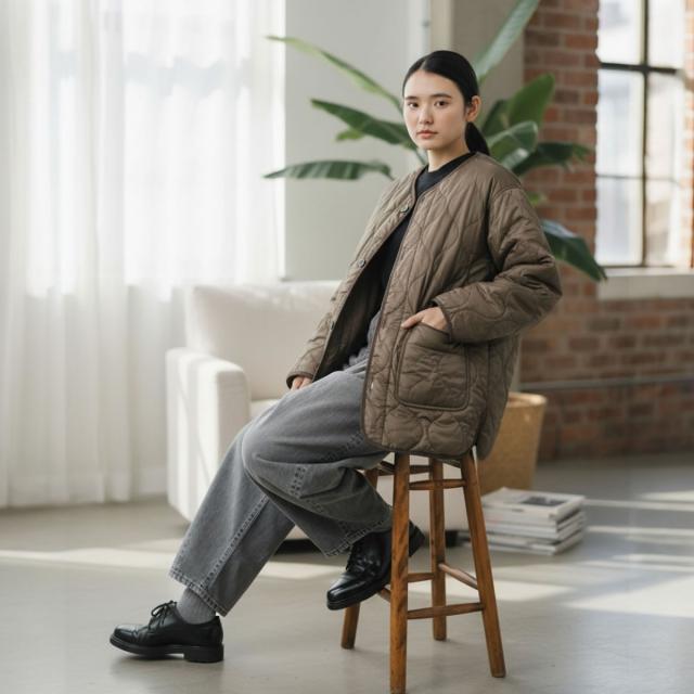 身長163cm 女性モデル着用例 JOHNBULL ジョンブル M-65 ショートモッズコート ブラウン SSサイズ コーディネート