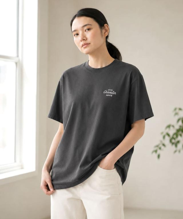 リーバイス グラフィックボックスTシャツ ブラックを取り入れたメンズアメカジコーディネート例