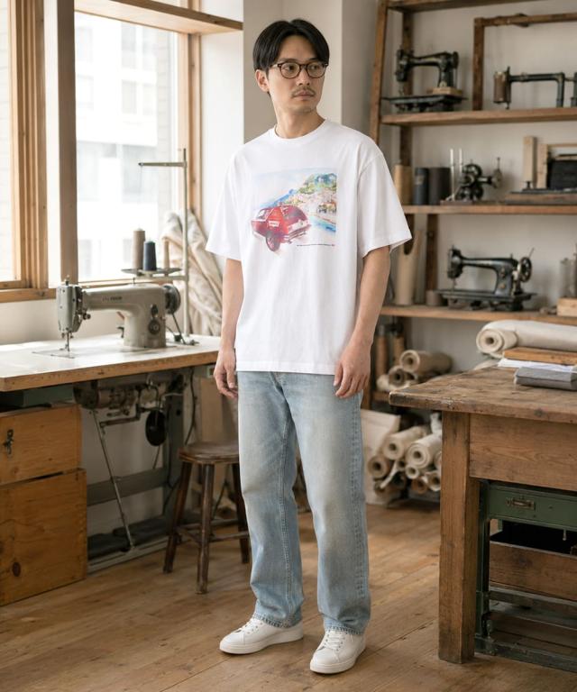 Levi's リーバイス グラフィックボックスTシャツ ホワイト着用 男女ペアのリラックスカジュアルコーディネート