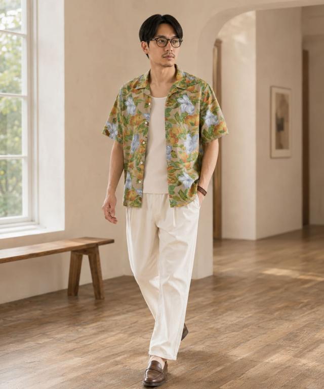 リーバイス サンセット キャンプシャツ ベージュ Mサイズ着用時のサイズ感とシルエット(モデル身長173cm)