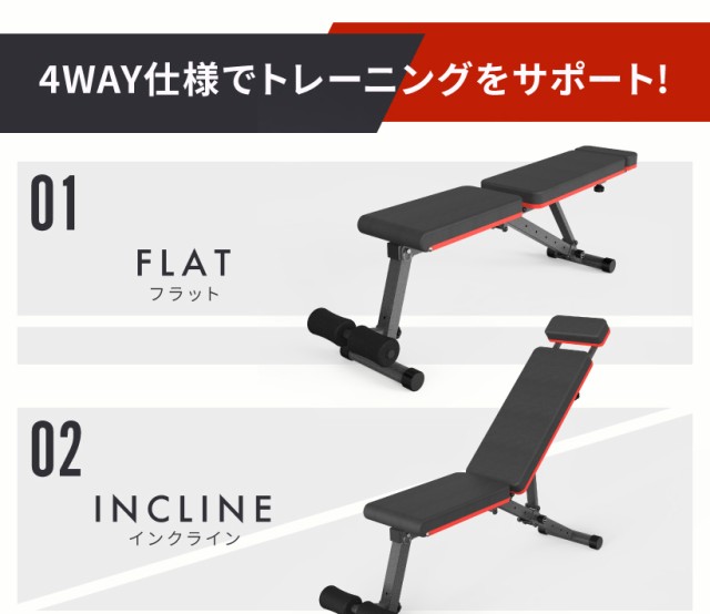 4WAYトレーニングベンチ ヘッドレスト付き アジャスタブルベンチ デクラインベンチ インクラインベンチ フラットベンチ ダンベル トレー