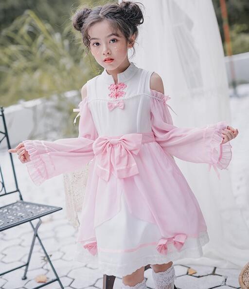 森ガール可愛い子供ロリータ キッズワンピース チャイナ風ドレス チャイナボタン フレア袖 リボン　女の子　ゆめかわいい ロリータ ゴス｜au PAY  マーケット
