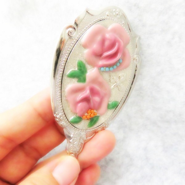 手鏡(ローズ)【ヴィンテージ】新品/未使用品 送料無料☆宝物みたい☆ミニ手鏡 ミラー アンティークローズ