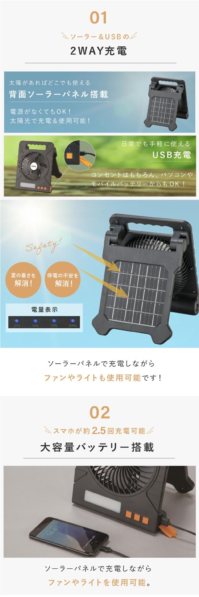 ファミラ 充電式ソーラーパワフルファン lp02