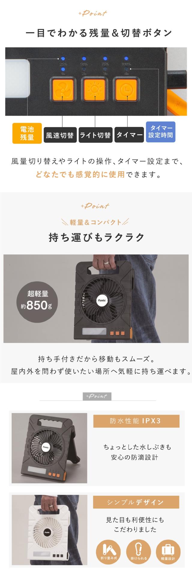 ファミラ 充電式ソーラーパワフルファン lp06