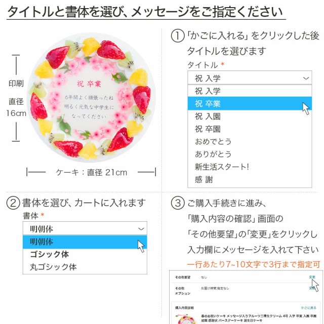 春のお祝いケーキ メッセージ入りフルーツ三種生クリーム