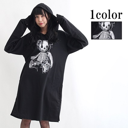 在庫限り ラスト2点 ドラッグハニー Web限定 Drughoneyドロドロ スケルトンテディ プリント サイドスリット入り パーカー ワンピース フリーサイズ 最新コレックション Www Iacymperu Org
