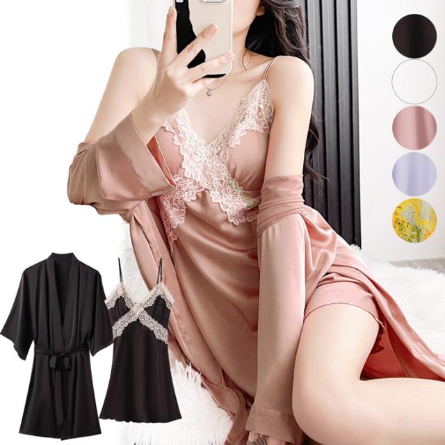 艶めくサテンのセクシーランジェリースリップ＆ガウンセット
