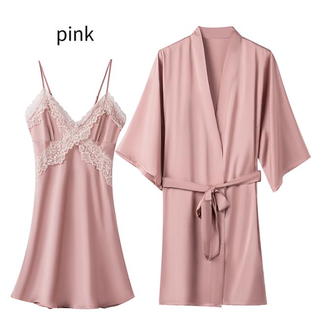 艶めくサテンのセクシーランジェリースリップ＆ガウンセット