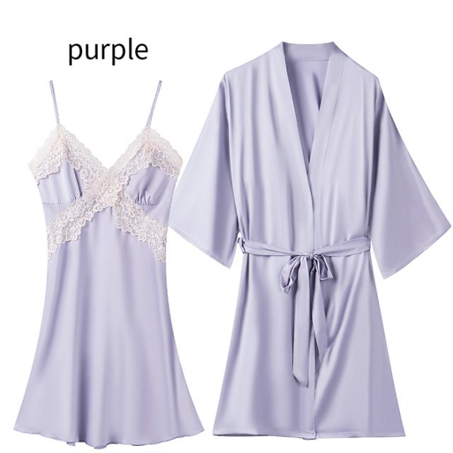 艶めくサテンのセクシーランジェリースリップ＆ガウンセット