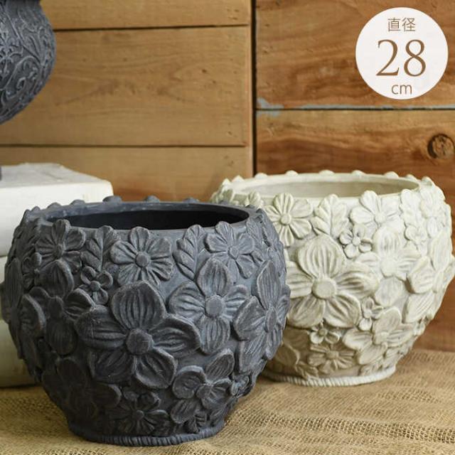 プランター おしゃれ ローマ風 繁栄の象徴 フラワーモチーフ ラウンド 直径28cm  鉢 底穴あり アンティーク 洋風 玄関 飾り オブジェ 置物 装飾  