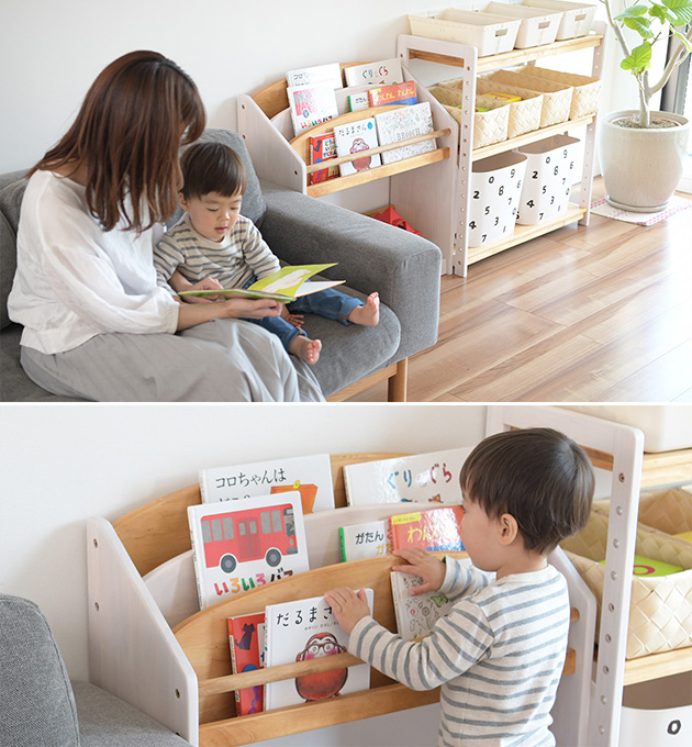 こどもと暮らしオリジナル Milk 絵本ラック　Mサイズ(約124冊収納)  絵本 収納 棚 北欧 天然木 キッズ 子ども用 おもちゃ収納 子供  